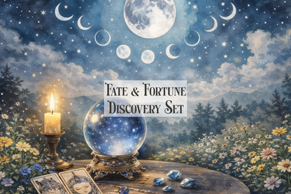Fate & Fortune Discovery Set with a crystal ball, tarot cards, candles, and a starry night background.