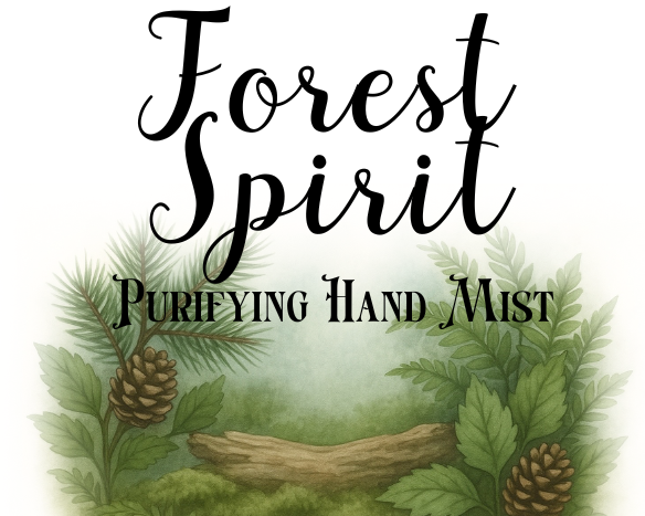 Product label for 'Forest Spirit' hand mist with botanical illustration and text.