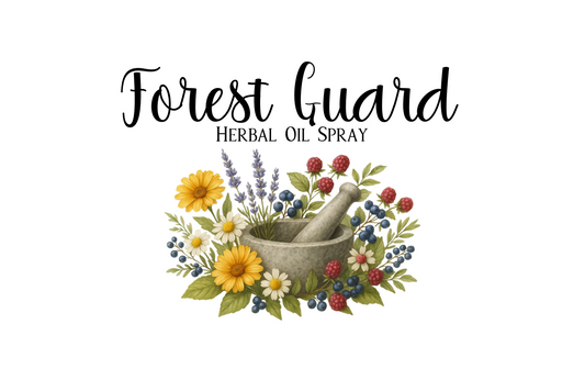 Product label for 'Forest Guard' herbal oil spray with ingredients listed.