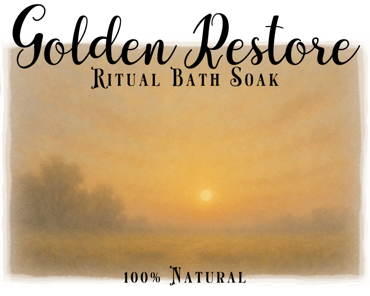 Product packaging for 'Golden Restore Ritual Bath Soak' with a sunset design.