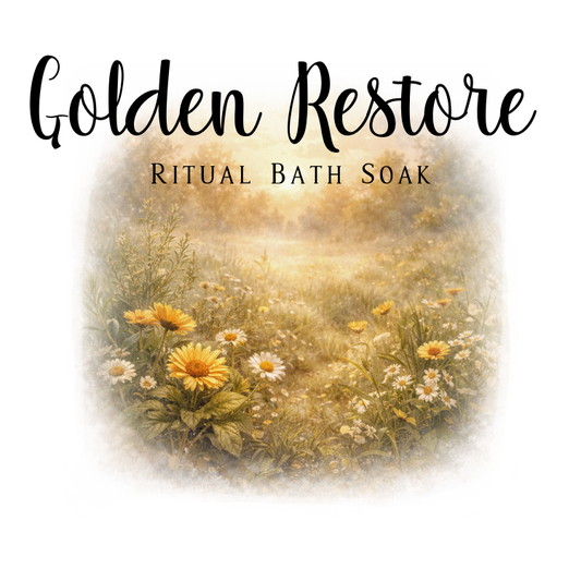 Product packaging for 'Golden Restore Ritual Bath Soak' with a field of flowers in the background.