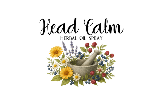 Herbal oil spray label with mortar and pestle and flowers, featuring ingredients and branding.