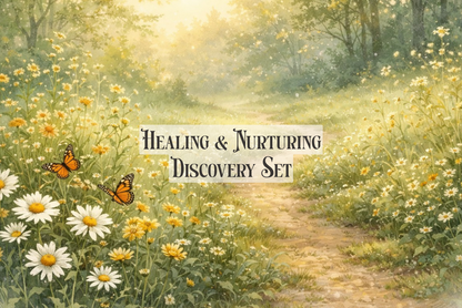 Pathway through a field of flowers with butterflies and the text 'Healing & Nurturing Discovery Set'.