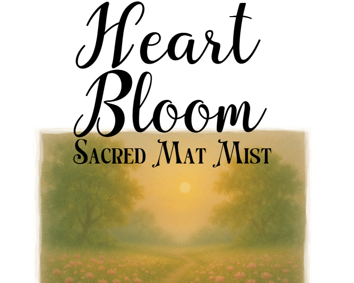 Product packaging for 'Heart Bloom Sacred Mat Mist' with a scenic background of trees and flowers.