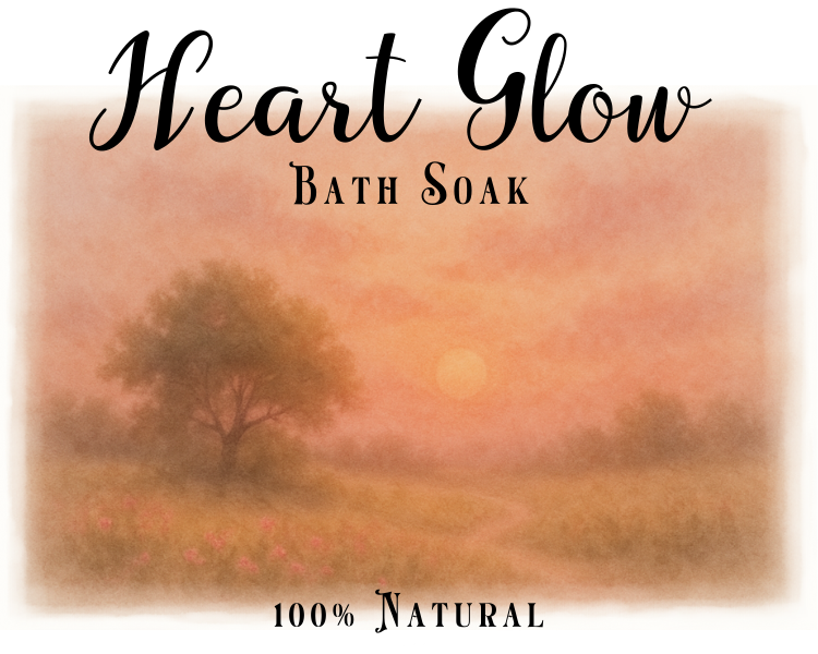 Label for 'Heart Glow Bath Soak' with a scenic background of a tree and sunset.