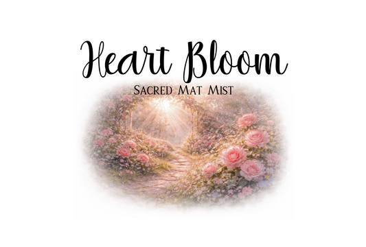 Product label for 'Heart Bloom' sacred mat mist with floral design and text.
