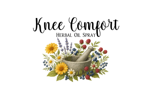 Label for Knee Comfort Herbal Oil Spray with herbs and mortar and pestle illustration on a white background.