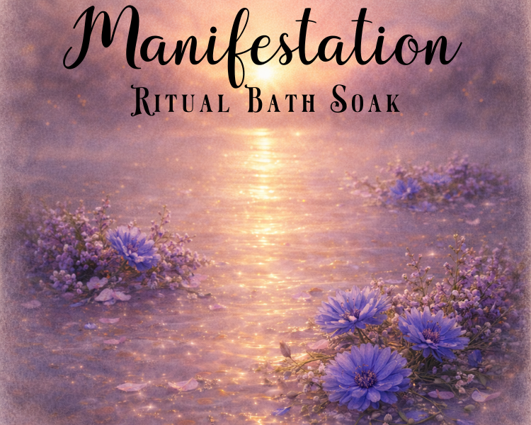 Manifestation Ritual Bath Soak featuring calming flowers and serene water background.