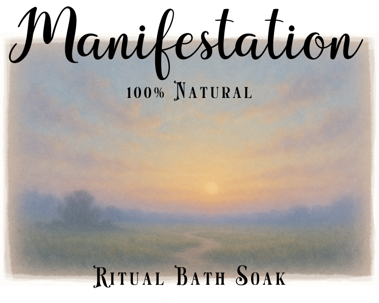 Product packaging for 'Manifestation' ritual bath soak with a scenic background