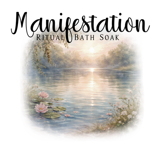 Label for 'Manifestation Ritual Bath Soak' with a scenic image of a lake and flowers.