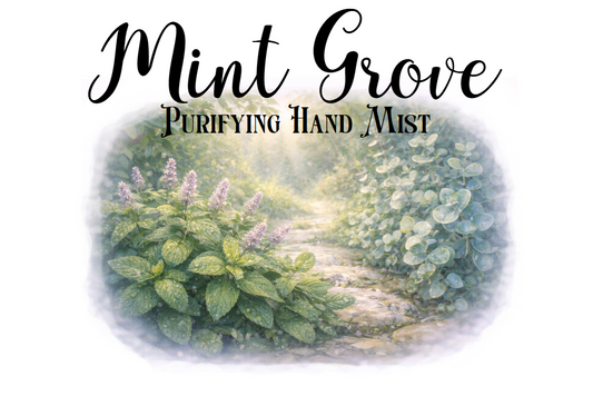 Mint Grove Purifying Hand Mist branding with a serene path surrounded by lush greenery and plants.