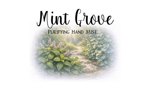 Product packaging with 'Mint Grove Purifying Hand Mist' text and a garden image.