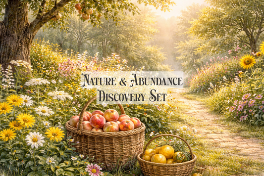 Basket of apples and pears in a garden with 'Nature & Abundance Discovery Set' text.