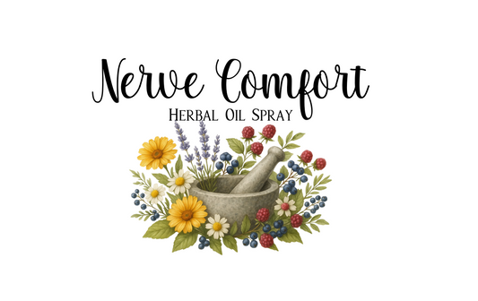 Herbal oil spray label with mortar and pestle, flowers, and text on a white background