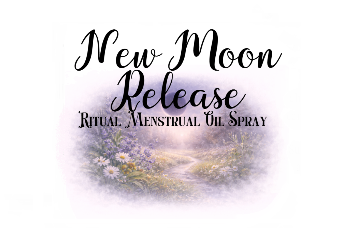 Label for 'New Moon Release Ritual Menstrual Oil Spray' with a scenic background.