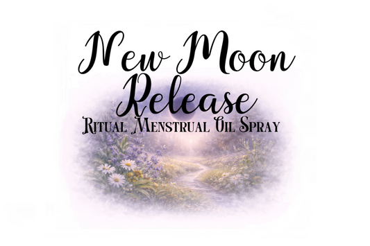 Label for 'New Moon Release Ritual Menstrual Oil Spray' with a scenic background.