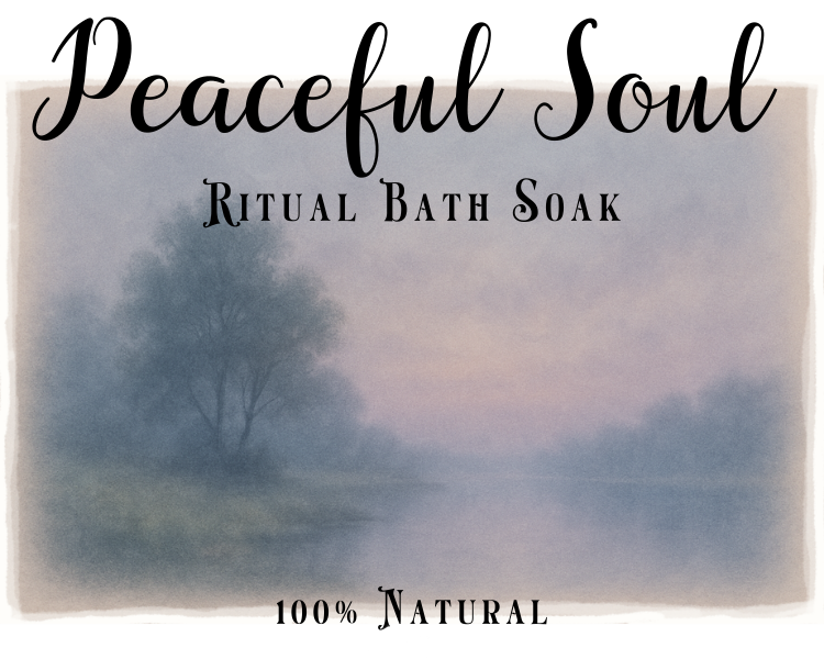 Peaceful Soul Ritual Bath Soak packaging with a scenic background