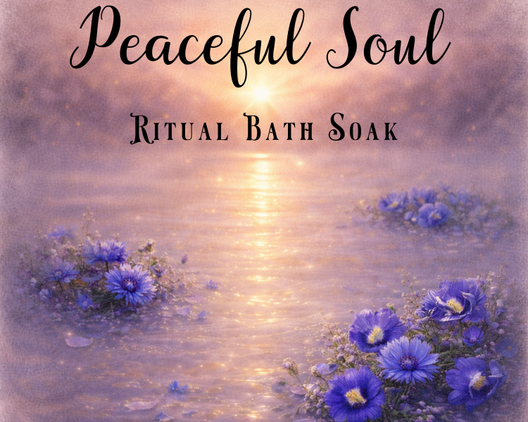 Peaceful Soul Ritual Bath Soak label with soothing floral background and serene water reflections.