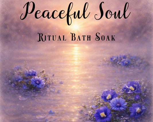 Product label for 'Peaceful Soul Ritual Bath Soak' with purple flowers and a sunset over water.