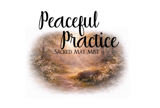 Product packaging for 'Peaceful Practice' sacred mat mist with natural elements and branding details.