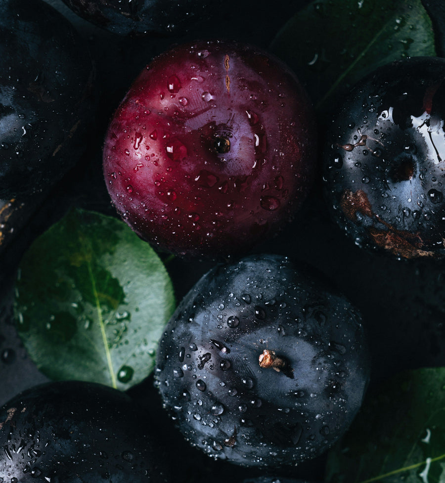 A close-up, top-down view of fresh plums covered in water droplets, with one prominent deep red plum and several dark purple plums resting on green leaves.