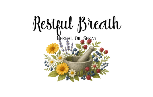 Product label for 'Restful Breath' herbal oil spray.