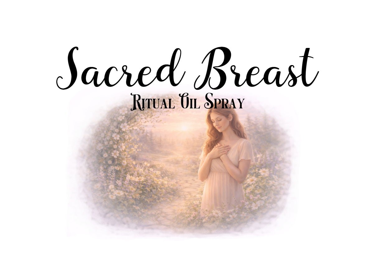 Product packaging for 'Sacred Breast Ritual Oil Spray' with a woman holding her hands over her heart.