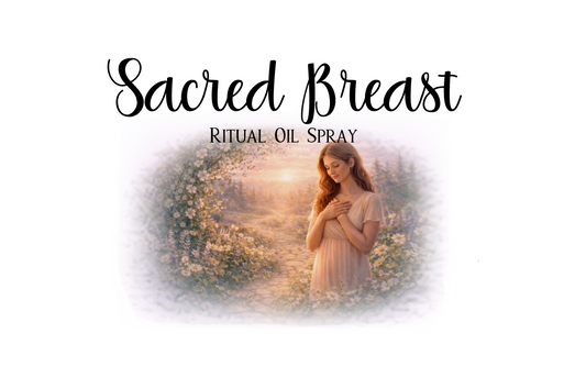 Product label for 'Sacred Breast' ritual oil spray with a woman holding a baby in a garden setting.