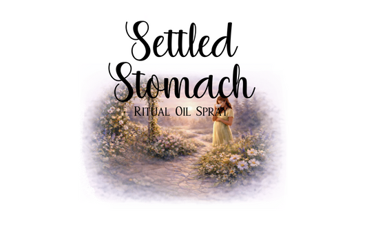Product label for 'Settled Stomach' ritual oil spray with a woman in a forest and text details.