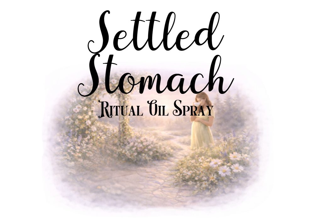 Product packaging with 'Settled Stomach Ritual Oil Spray' text and a woman in a garden.