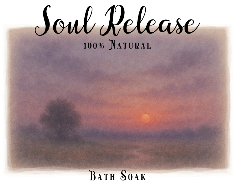 Bath soak packaging with a sunset scene and 'Soul Release' text