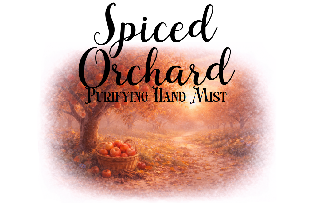 Spiced Orchard Purifying Hand Mist, featuring a serene orchard scene with apples in a basket.