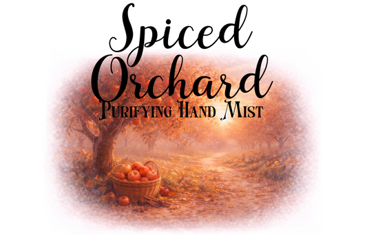 Spiced Orchard Purifying Hand Mist, featuring a serene orchard scene with apples in a basket.