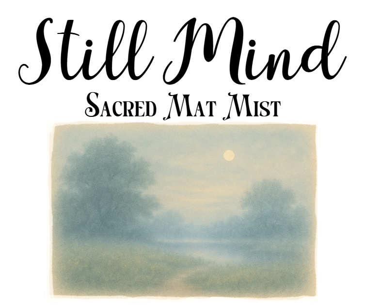 Product packaging for 'Still Mind Sacred Mat Mist' with a scenic landscape illustration.