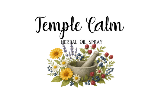Product label for 'Temple Calm' herbal oil spray.
