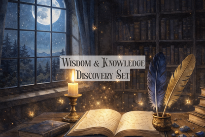 Wisdom & Knowledge - Goddess Ritual Oil Discovery Set with mystical imagery, candlelight, and an open book.