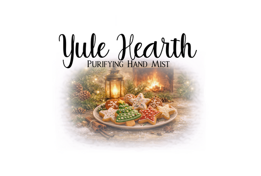 Label for Yule Hearth purifying hand mist with a festive background and product image.
