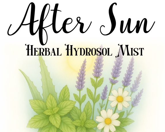 Label for 'After Sun Herbal Hydrosol Mist' with herbs and flowers on a white background