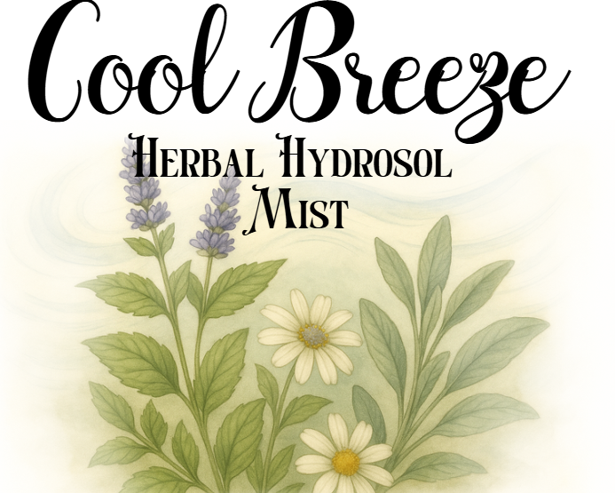 Logo for 'Cool Breeze Herbal Hydrosol Mist' with floral elements on a light background